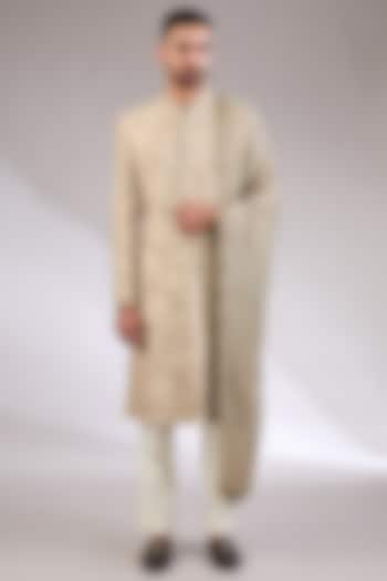 Beige Gold Silk Dabka Work Wedding Sherwani Set by AL USTAAD at Pernia's Pop Up Shop