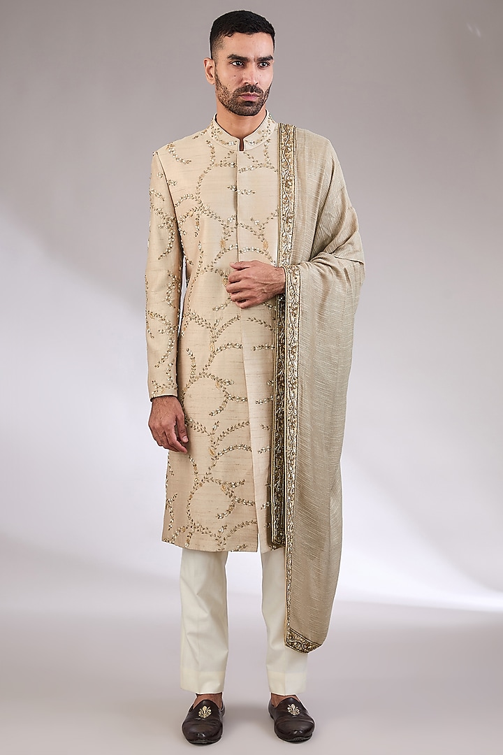 Beige Gold Silk Dabka Work Wedding Sherwani Set by AL USTAAD at Pernia's Pop Up Shop