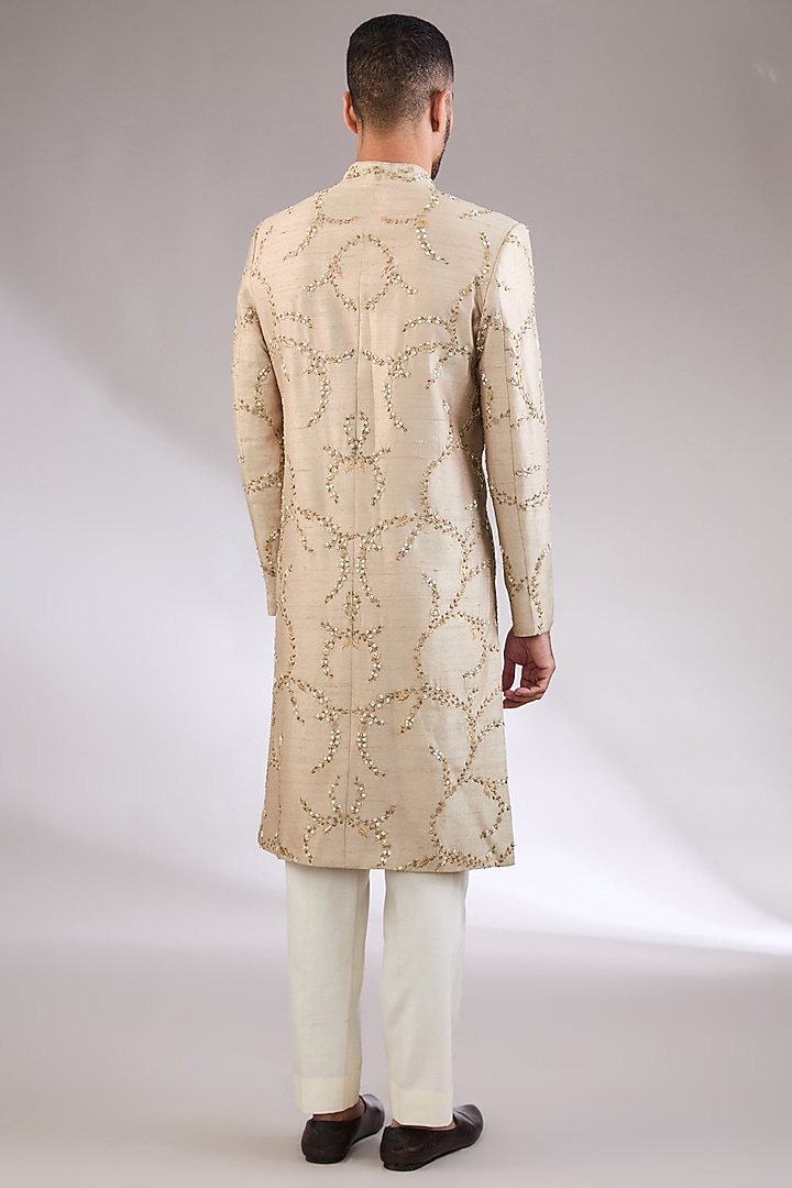 Beige Gold Silk Dabka Work Groom Sherwani Set by AL USTAAD at Pernia's Pop Up Shop