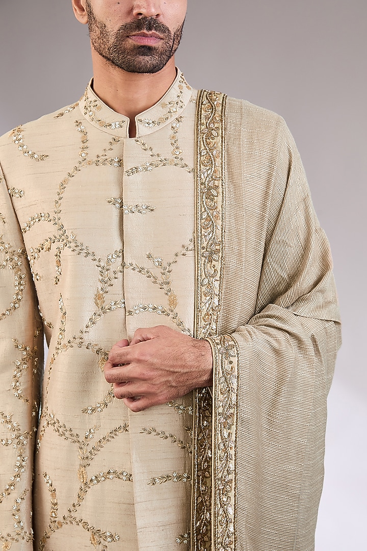 Beige Gold Silk Dabka Work Groom Sherwani Set by AL USTAAD at Pernia's Pop Up Shop