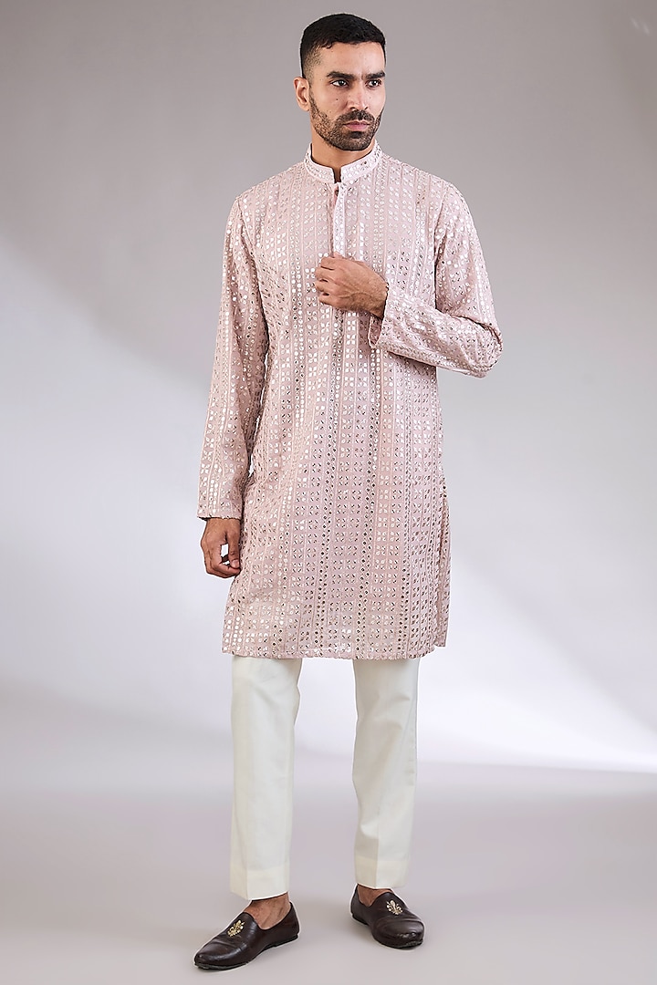 Light Pink Chikankari Mirror Work Kurta by AL USTAAD at Pernia's Pop Up Shop