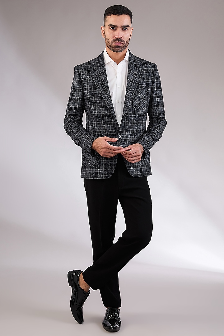 Blue-Grey Tweed Fabric Blazer by AL USTAAD at Pernia's Pop Up Shop