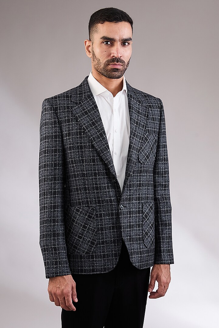 Blue-Grey Tweed Fabric Blazer by AL USTAAD at Pernia's Pop Up Shop