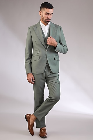 Green Wool Fabric Blazer Set by AL USTAAD