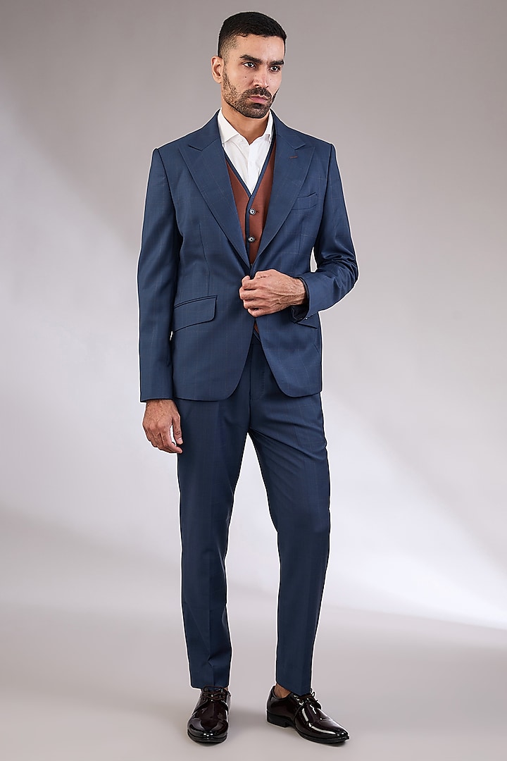 Navy Blue Wool Fabric Blazer Set by AL USTAAD