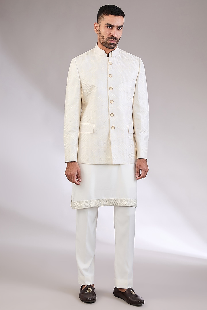 Ivory Silk Thread & Machine Embroidered Bandhgala Set by AL USTAAD at Pernia's Pop Up Shop