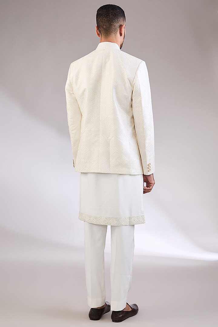 Ivory Silk Thread & Machine Embroidered Wedding Bandhgala Set by AL USTAAD at Pernia's Pop Up Shop