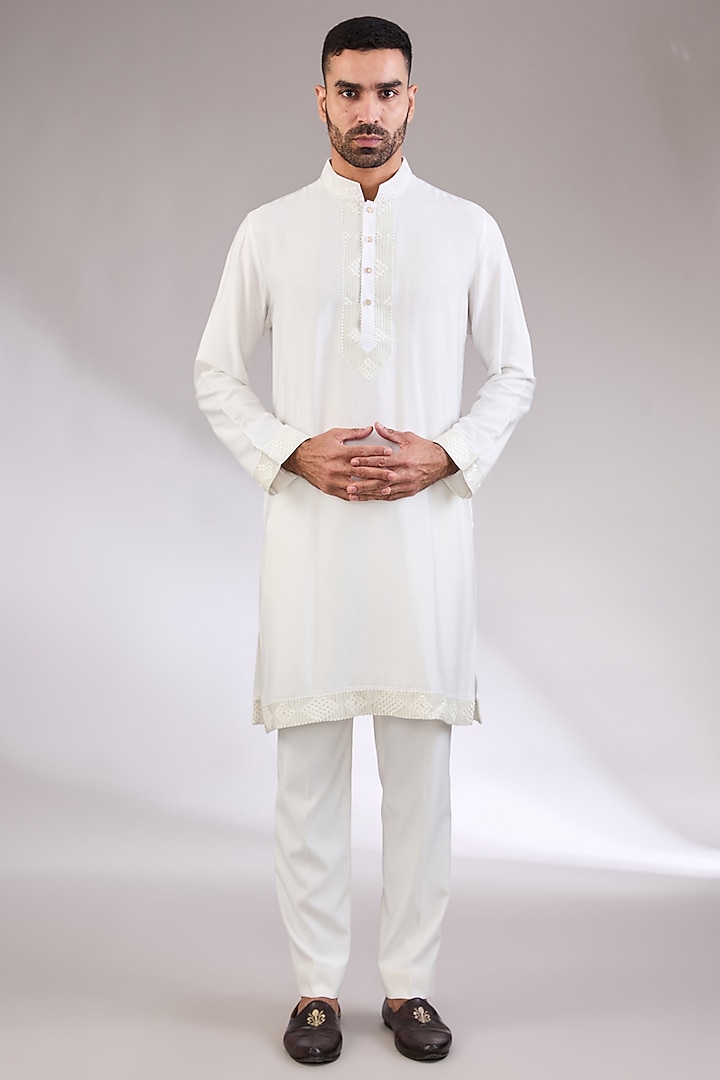 Ivory Silk Thread & Machine Embroidered Wedding Bandhgala Set by AL USTAAD at Pernia's Pop Up Shop