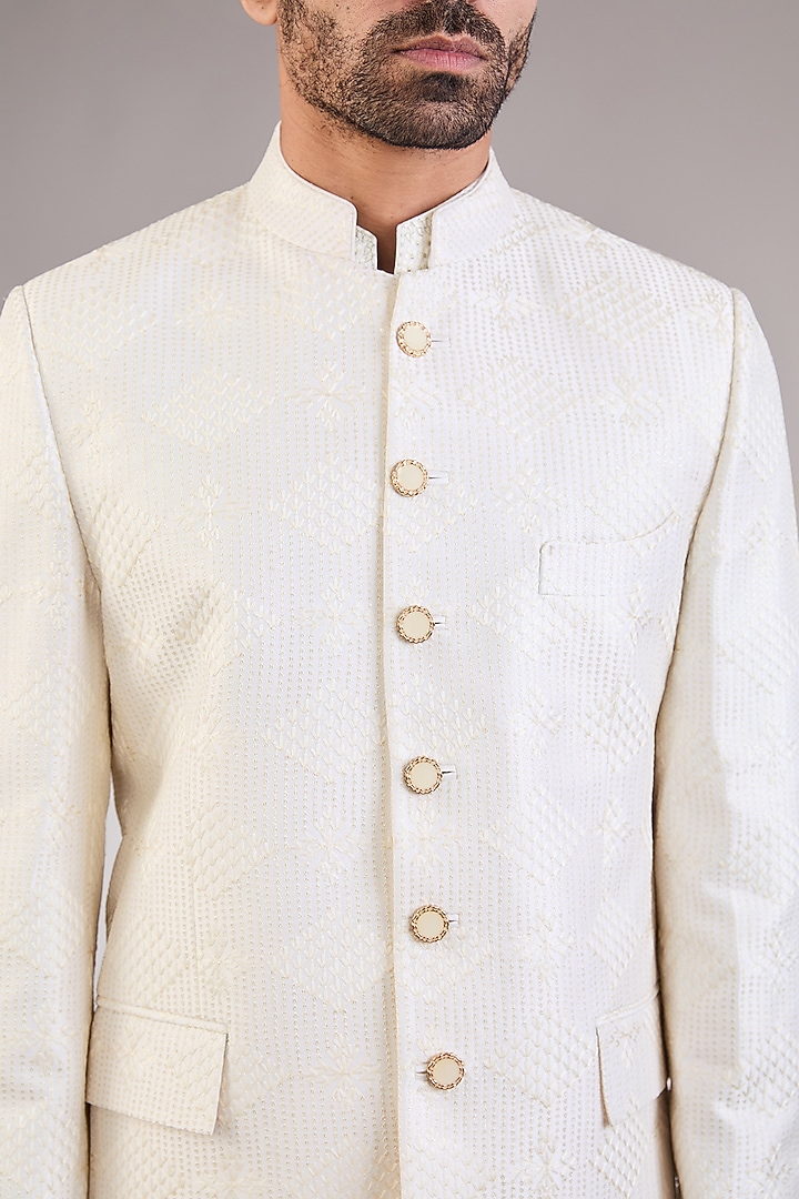 Ivory Silk Thread & Machine Embroidered Wedding Bandhgala Set by AL USTAAD at Pernia's Pop Up Shop
