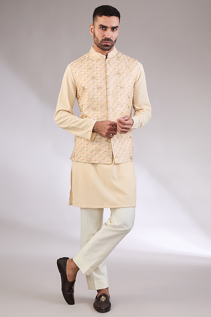 Beige Gold Silk Embroidered Nehru Jacket Set by AL USTAAD