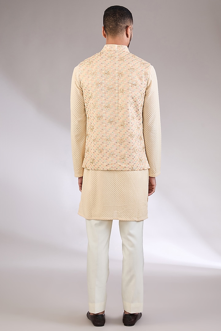 Beige Gold Silk Embroidered Nehru Jacket Set by AL USTAAD at Pernia's Pop Up Shop