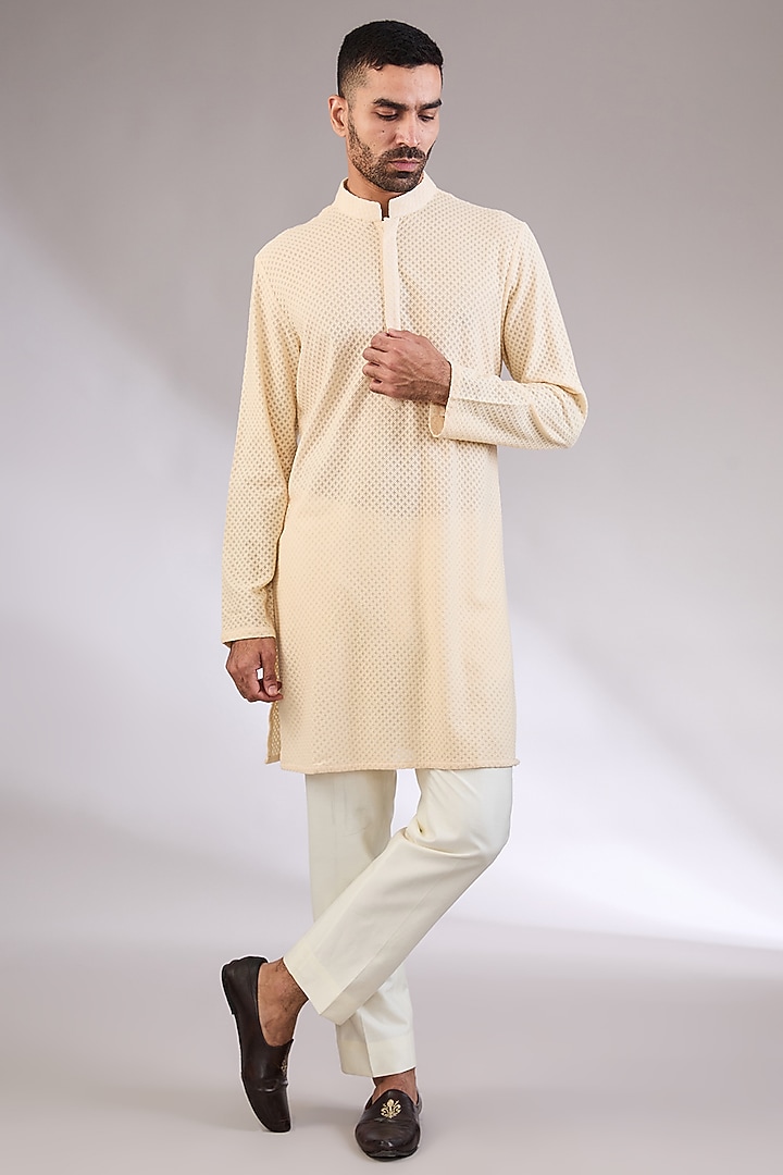 Beige Gold Silk Embroidered Nehru Jacket Set by AL USTAAD at Pernia's Pop Up Shop