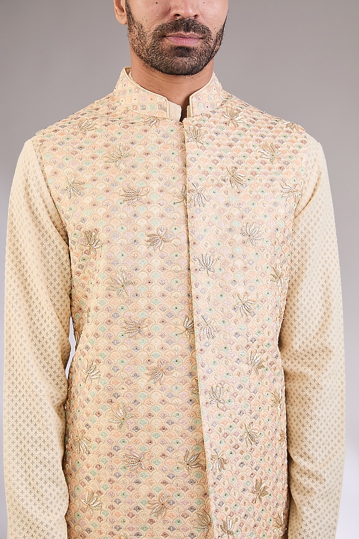 Beige Gold Silk Embroidered Nehru Jacket Set by AL USTAAD at Pernia's Pop Up Shop