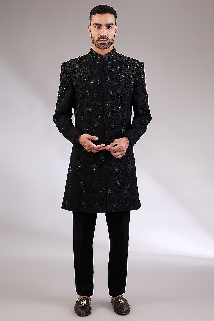 Black Italian Cutdana Work & Hand Embroidered Indowestern Set by AL USTAAD at Pernia's Pop Up Shop