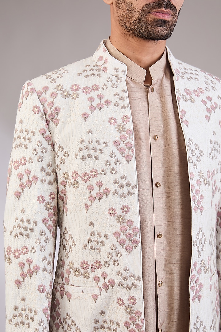 Off-White Silk Wedding Bandhgala Set by AL USTAAD at Pernia's Pop Up Shop