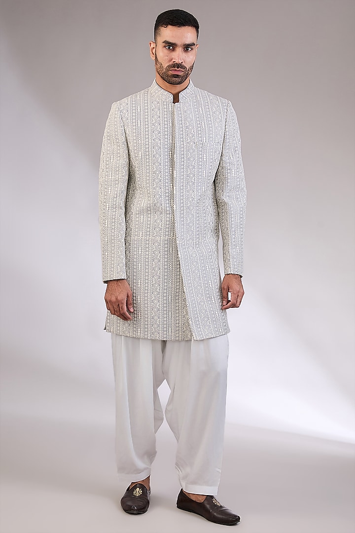 Light Grey Silk Thread Embroidered Indowestern Set by AL USTAAD at Pernia's Pop Up Shop