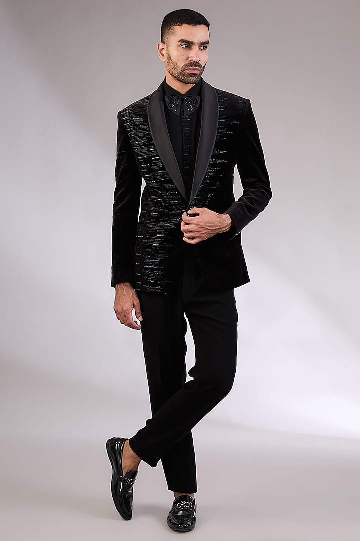 Black Velvet Cutdana Work & Hand Embroidered Tuxedo Set by AL USTAAD at Pernia's Pop Up Shop