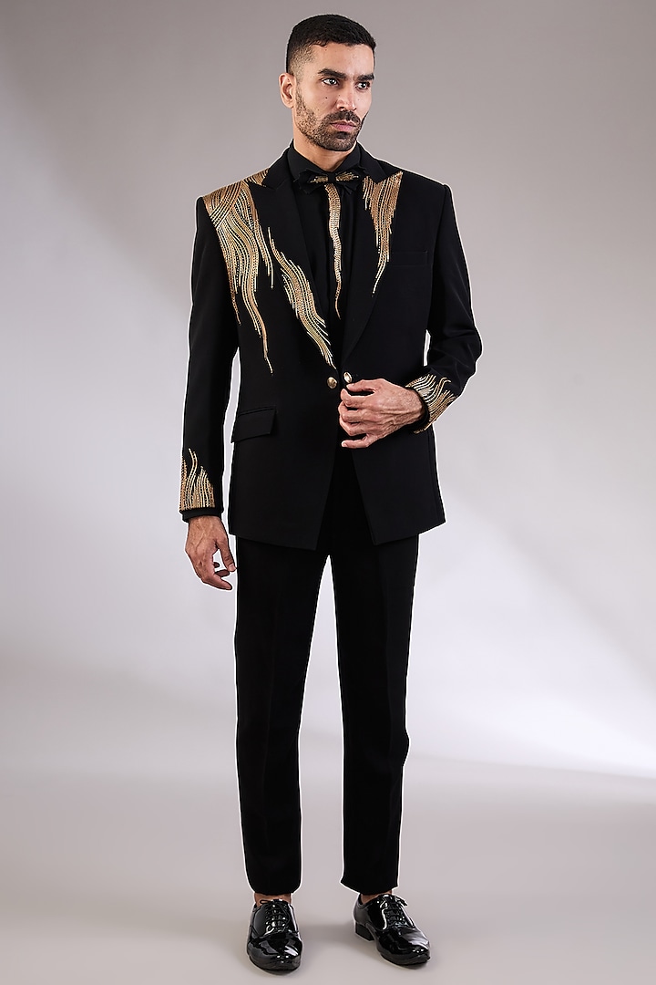 Black Italian Thread Embroidered Tuxedo Set by AL USTAAD