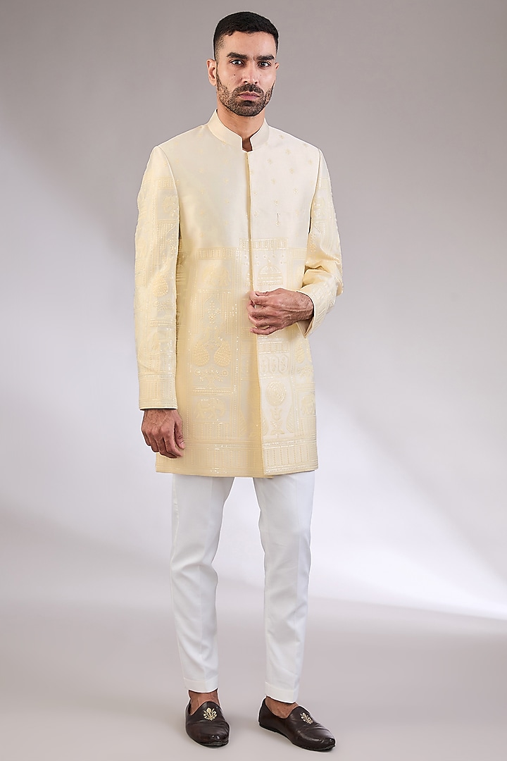 Off-White Silk Thread Machine Work Indowestern Set by AL USTAAD at Pernia's Pop Up Shop