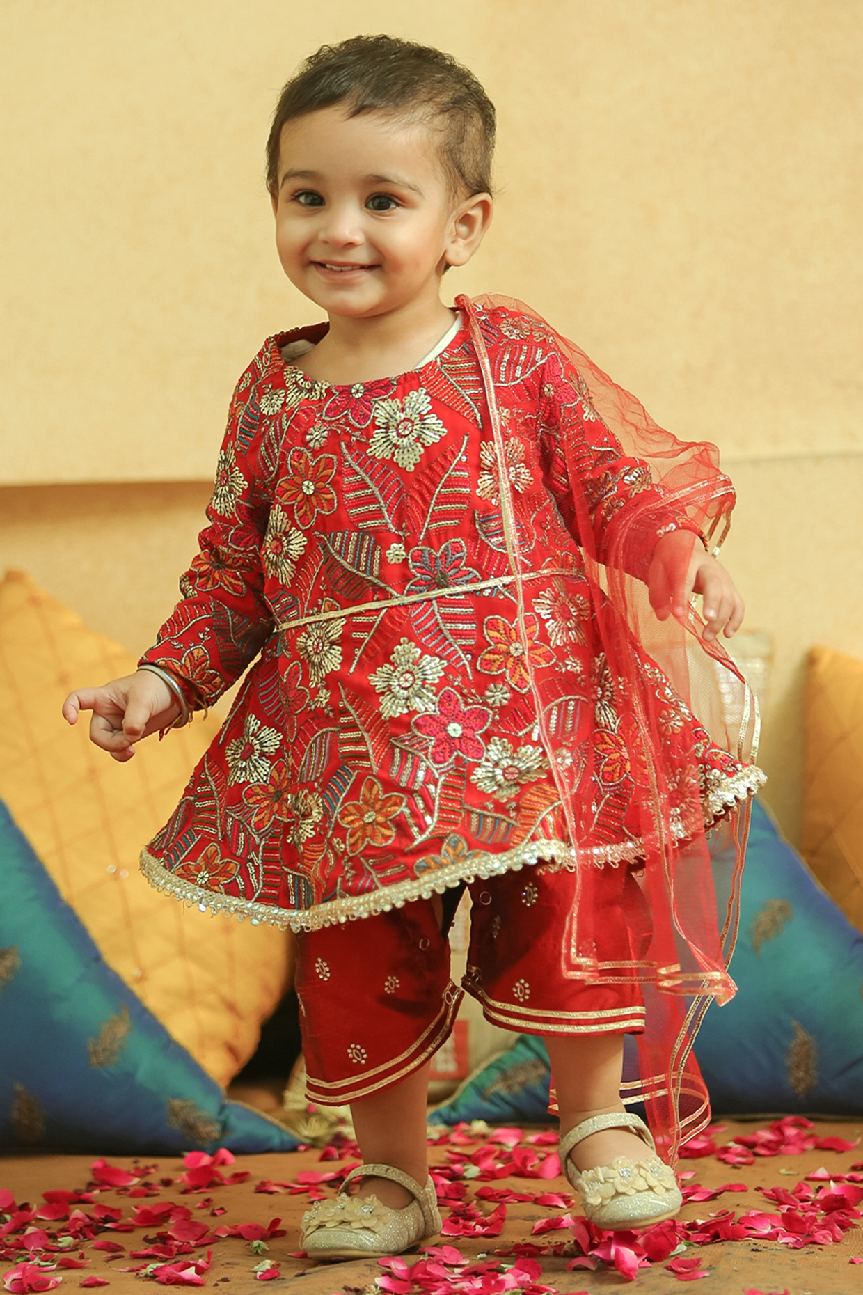 Red Georgette Embroidered Romper For Girls by Alyaansh Couture at Pernia's Pop Up Shop