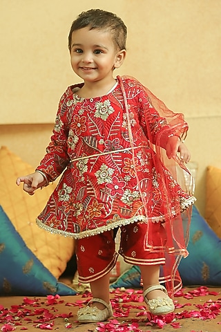 Red Georgette Embroidered Romper For Girls by Alyaansh Couture