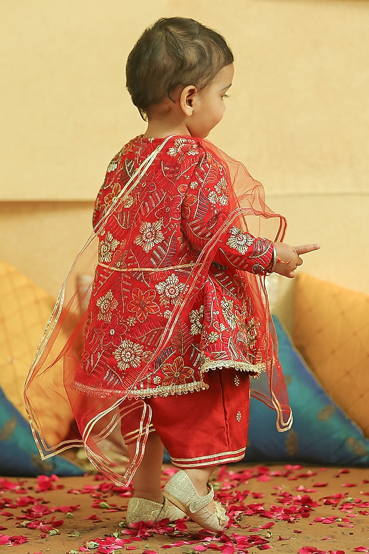 Red Georgette Embroidered Romper For Girls by Alyaansh Couture at Pernia's Pop Up Shop