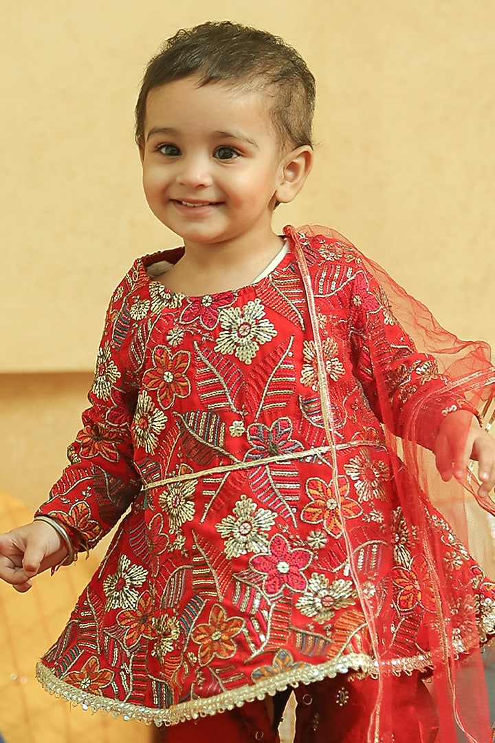 Red Georgette Embroidered Romper For Girls by Alyaansh Couture at Pernia's Pop Up Shop
