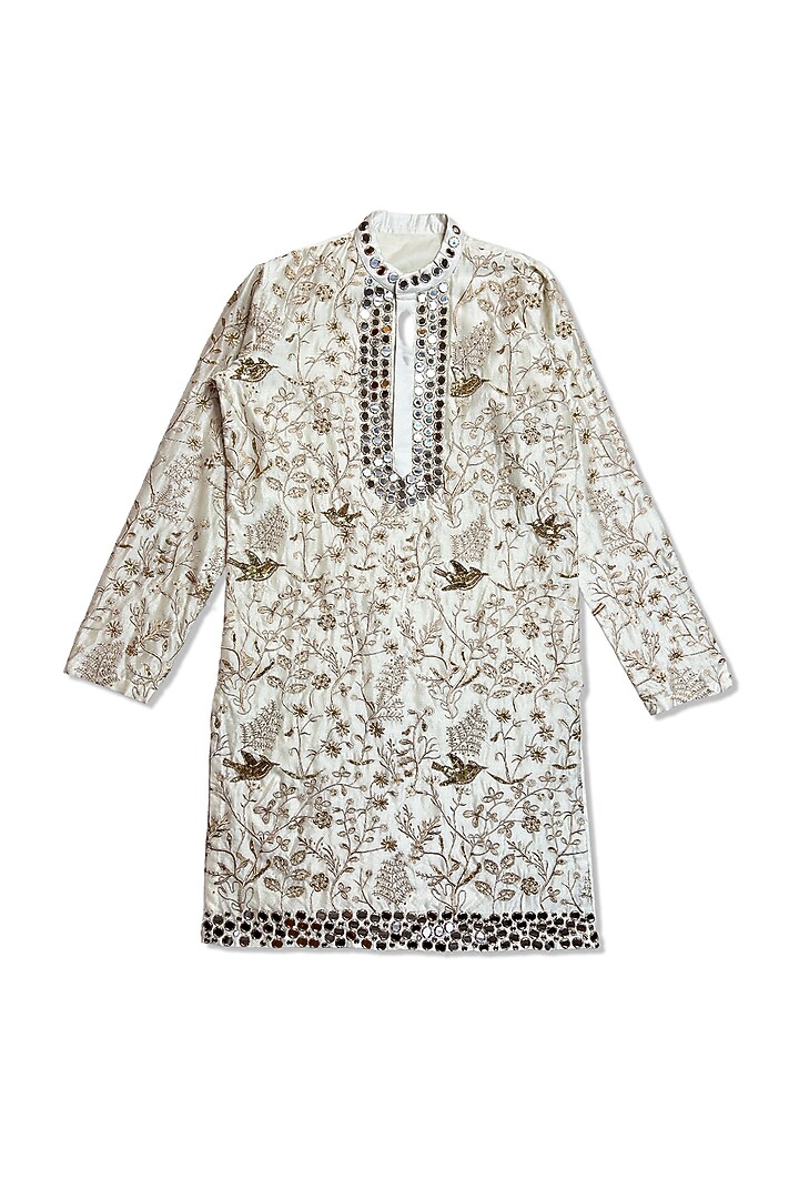 White Silk Embroidered Kurta Set For Boys by Alyaansh Couture at Pernia's Pop Up Shop