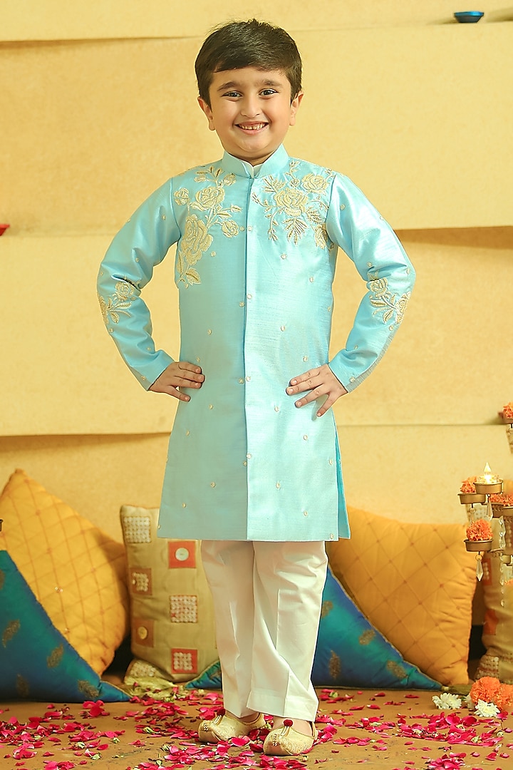 Blue Silk Embroidered Sherwani Set For Boys by Alyaansh Couture at Pernia's Pop Up Shop