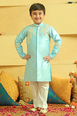 Blue Silk Embroidered Sherwani Set For Boys by Alyaansh Couture