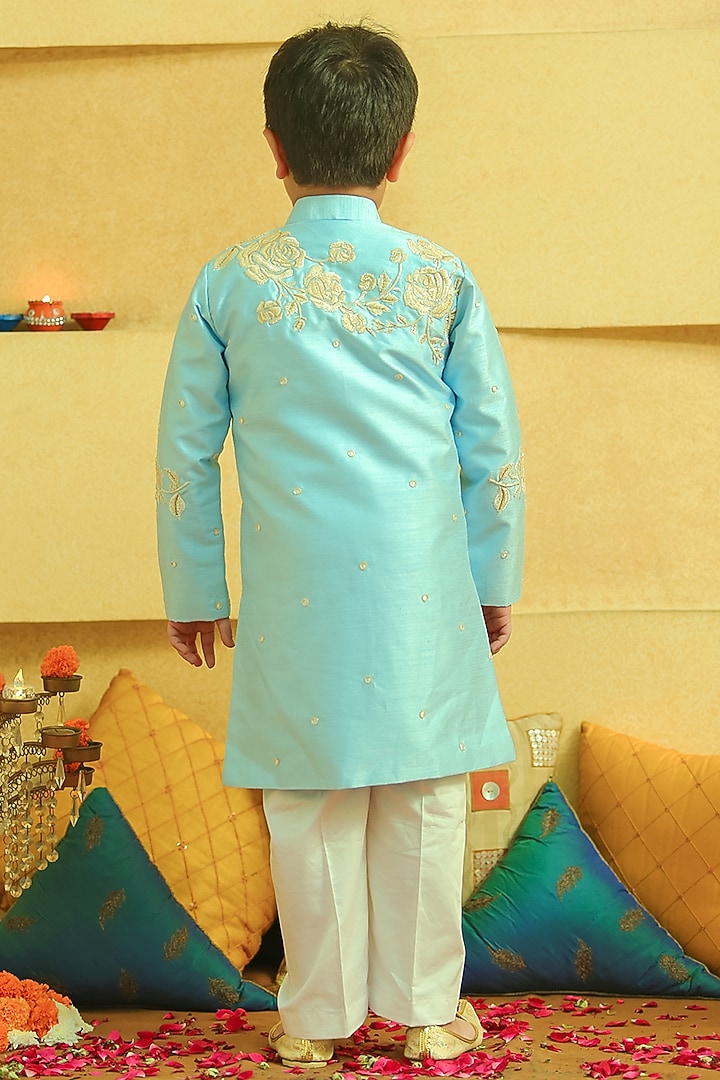 Blue Silk Embroidered Sherwani Set For Boys by Alyaansh Couture at Pernia's Pop Up Shop