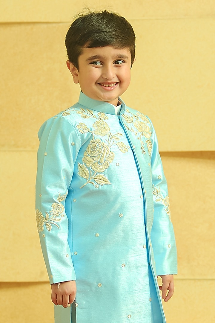 Blue Silk Embroidered Sherwani Set For Boys by Alyaansh Couture at Pernia's Pop Up Shop