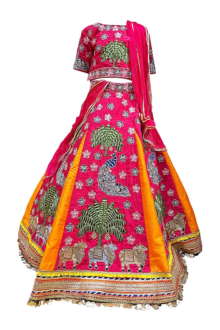 Pink Silk Embroidered Lehenga Set For Girls by Alyaansh Couture at Pernia's Pop Up Shop