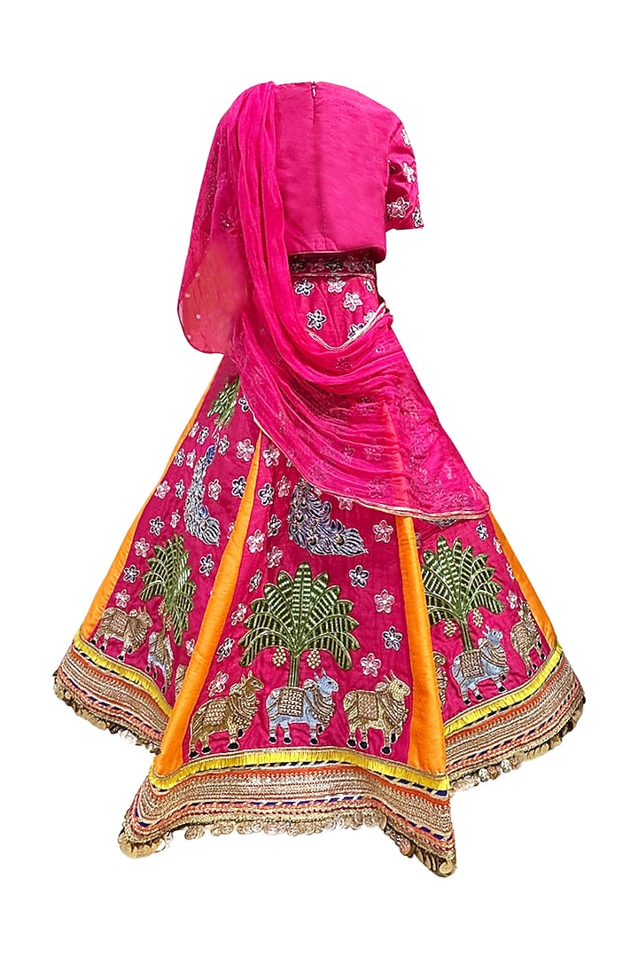 Pink Silk Embroidered Lehenga Set For Girls by Alyaansh Couture at Pernia's Pop Up Shop