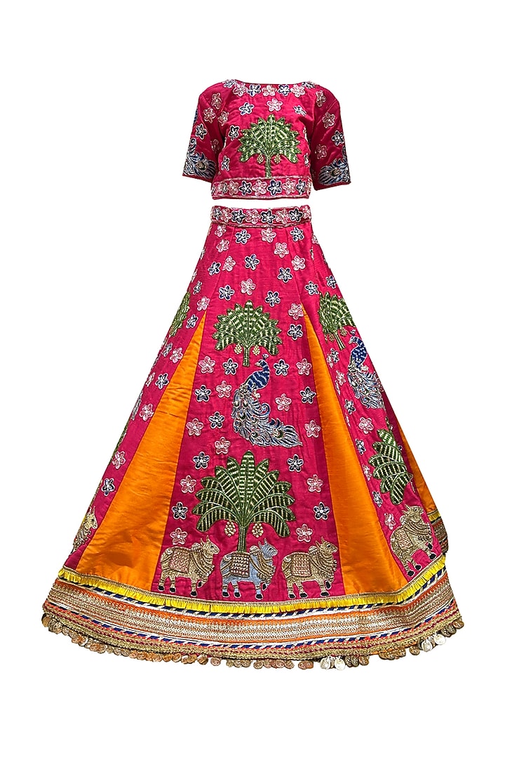 Pink Silk Embroidered Lehenga Set For Girls by Alyaansh Couture at Pernia's Pop Up Shop
