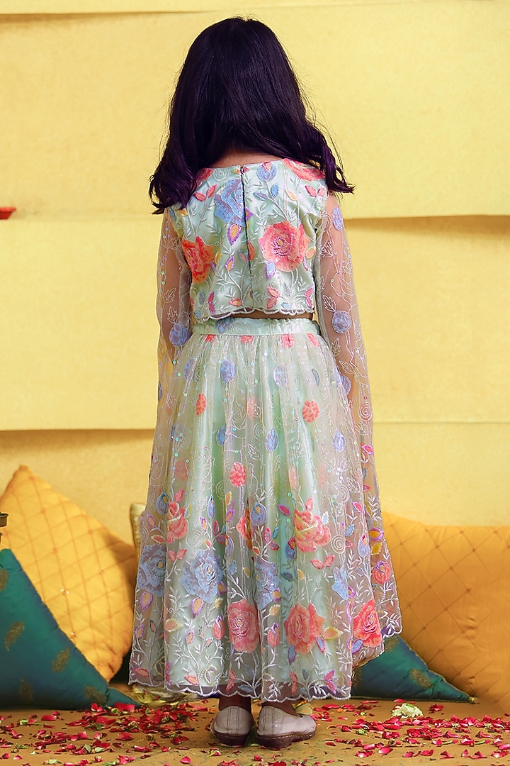 Green Net Embroidered Lehenga Set For Girls by Alyaansh Couture at Pernia's Pop Up Shop