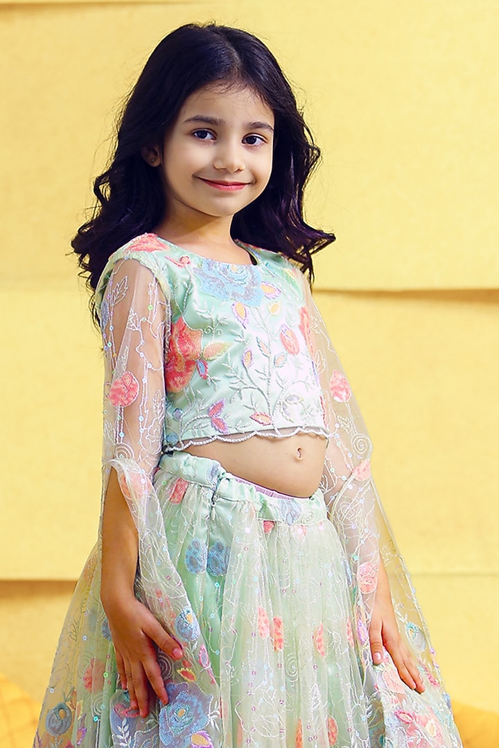 Green Net Embroidered Lehenga Set For Girls by Alyaansh Couture at Pernia's Pop Up Shop