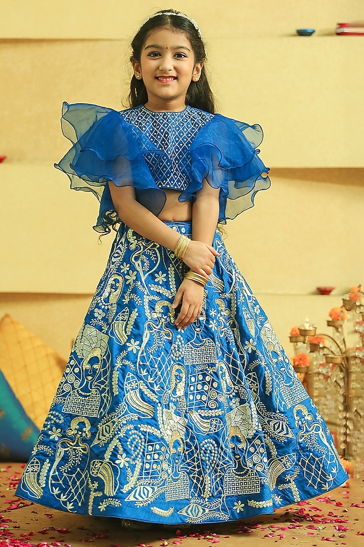 Blue Silk Embroidered Lehenga Set For Girls by Alyaansh Couture at Pernia's Pop Up Shop