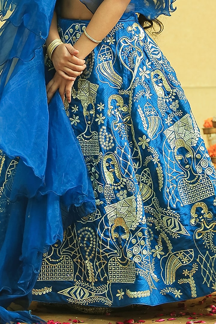 Blue Silk Embroidered Lehenga Set For Girls by Alyaansh Couture at Pernia's Pop Up Shop