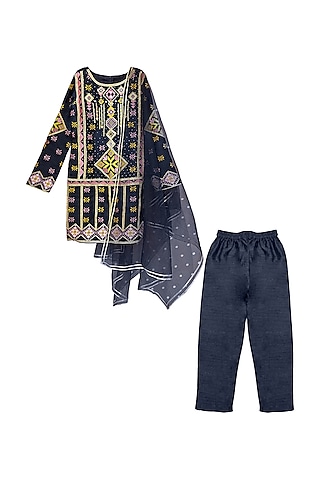 Blue Silk Embroidered Kurta Set For Girls by Alyaansh Couture