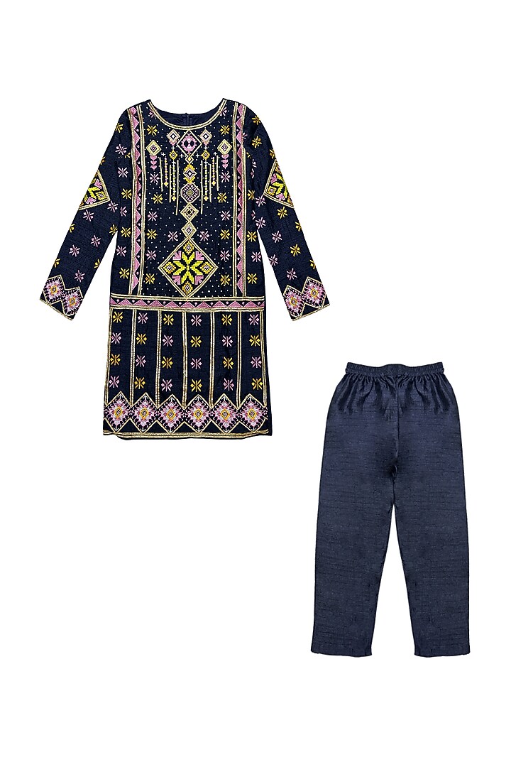 Blue Silk Embroidered Kurta Set For Girls by Alyaansh Couture at Pernia's Pop Up Shop
