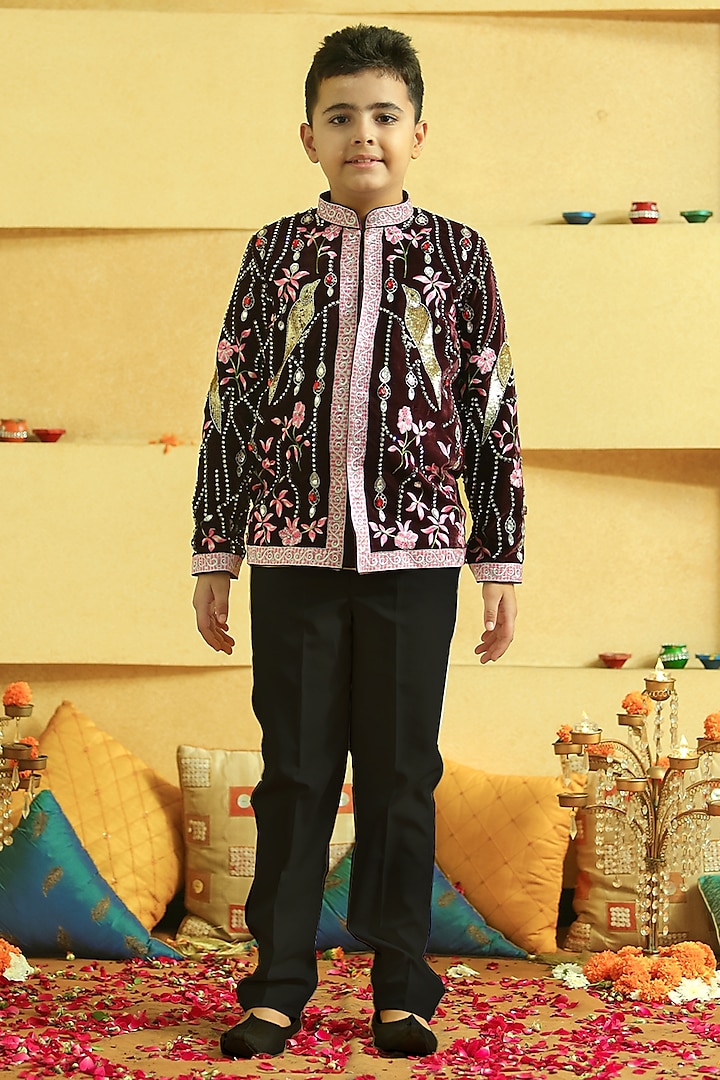 Multi-Colored Velvet Embroidered Bundi Jacket Set For Boys by Alyaansh Couture at Pernia's Pop Up Shop