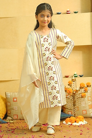 Multi-Colored Silk Embroidered Kurta Set For Girls by Alyaansh Couture