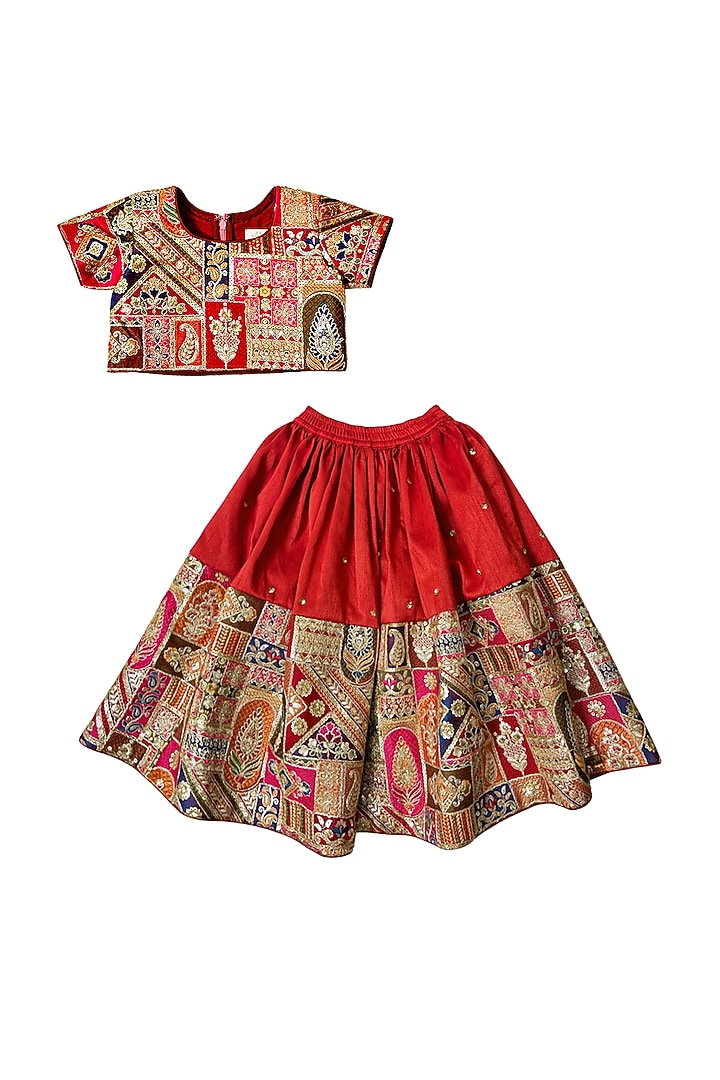 Red Silk Embroidered Lehenga Set For Girls by Alyaansh Couture at Pernia's Pop Up Shop