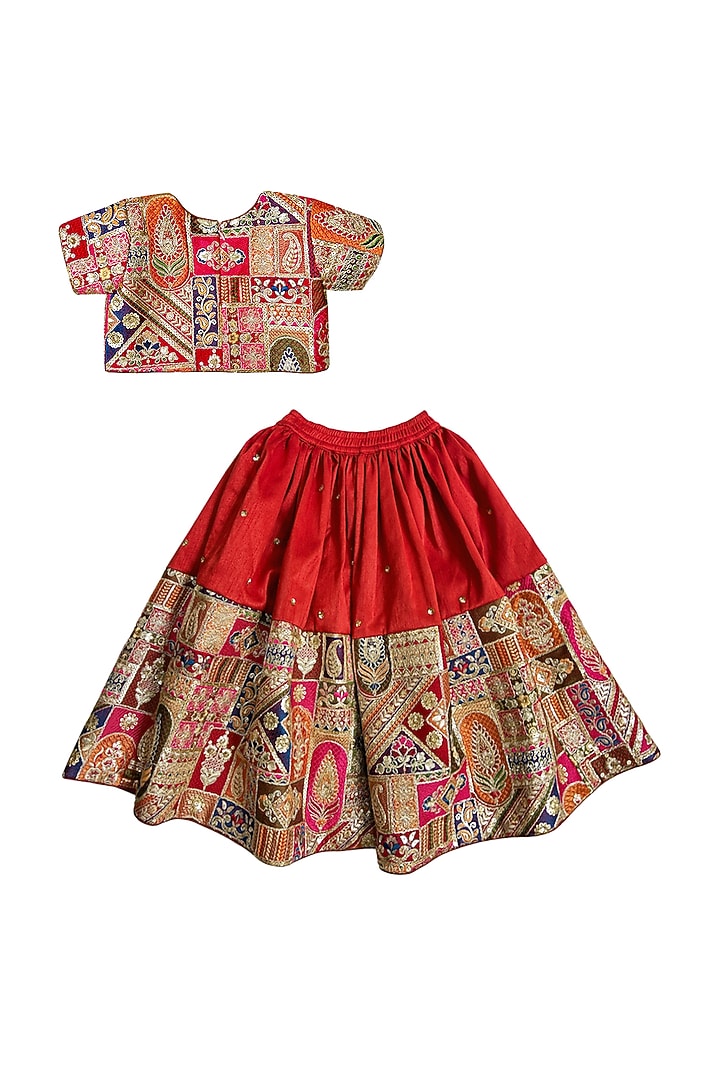 Red Silk Embroidered Lehenga Set For Girls by Alyaansh Couture at Pernia's Pop Up Shop
