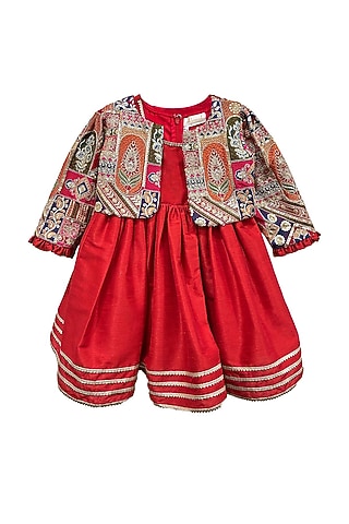 Red Silk Jacket Dress For Girls by Alyaansh Couture