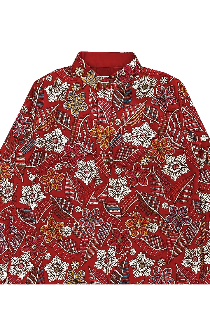 Red Georgette Embroidered Kurta Set For Boys by Alyaansh Couture at Pernia's Pop Up Shop