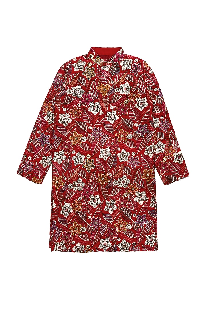 Red Georgette Embroidered Kurta Set For Boys by Alyaansh Couture at Pernia's Pop Up Shop