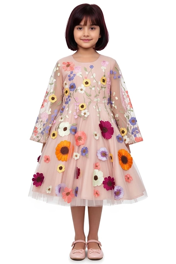 Pink Net Printed & Embroidered Dress For Girls by Alyaansh Couture at Pernia's Pop Up Shop