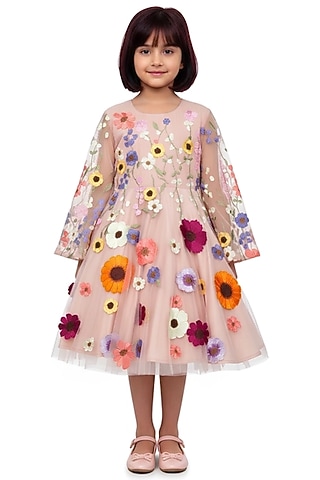 Pink Net Printed & Embroidered Dress For Girls by Alyaansh Couture